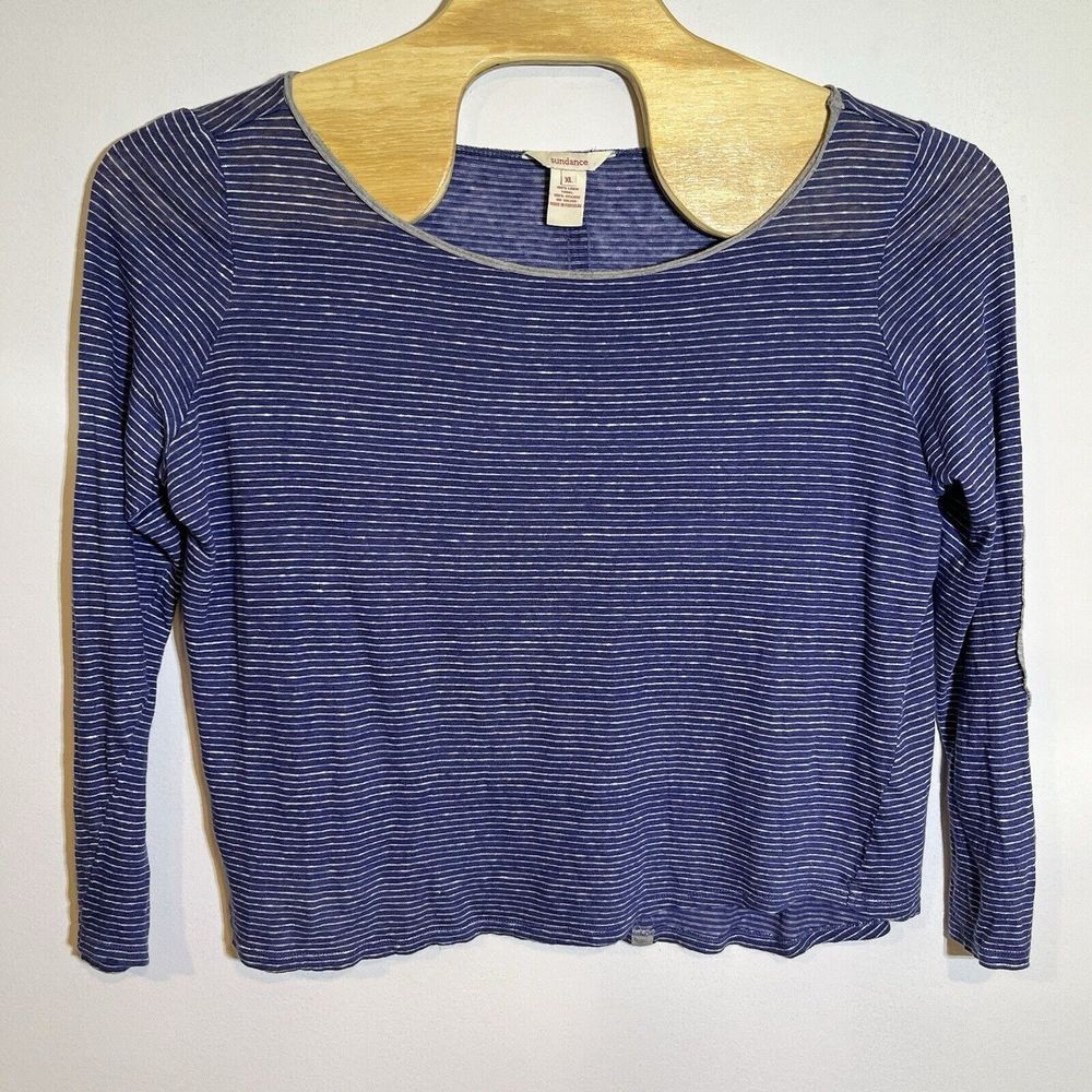 Sundance XL Blue Gray Striped Elbow Patch Linen Relaxed Long Sleeve Top Preppy